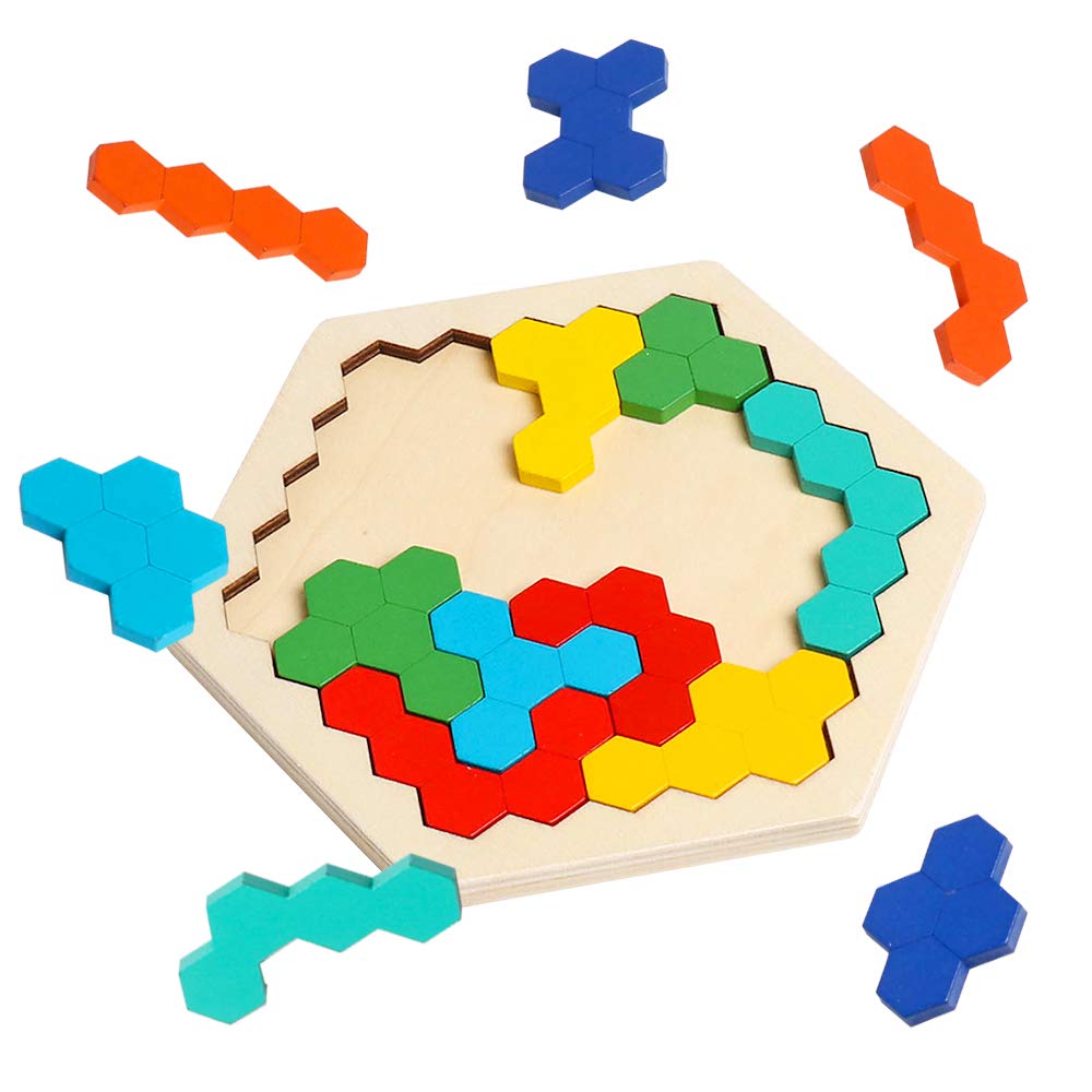 Wooden Hexagon Puzzle for Kid Adult Brain Teaser Puzzles Challenge Toy Shape Pattern Blocks Tangram Geometry Logic IQ Games STEM Montessori Educational Gift MEACAOFG