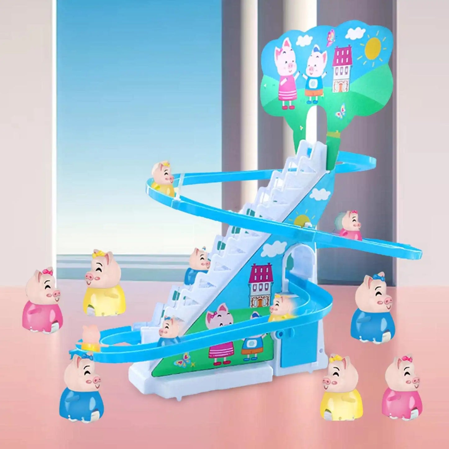 Electric penguin piggy climbing stairs fully automatic slide assembled track duck on birthday toys