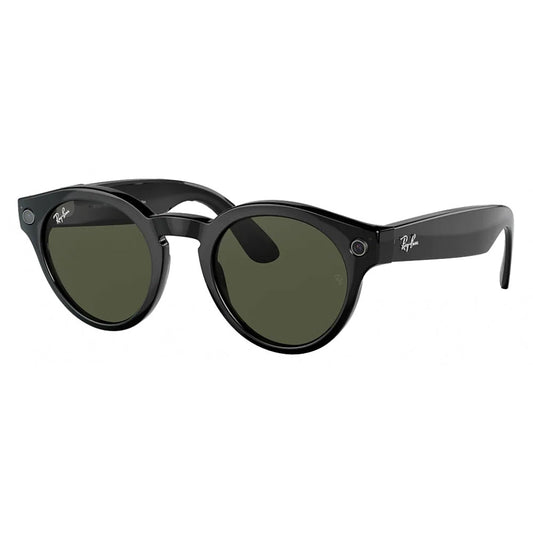 Ray-Ban Stories Round - 48-23mm - Glossy Black w/ G-15 Dark Green Lenses