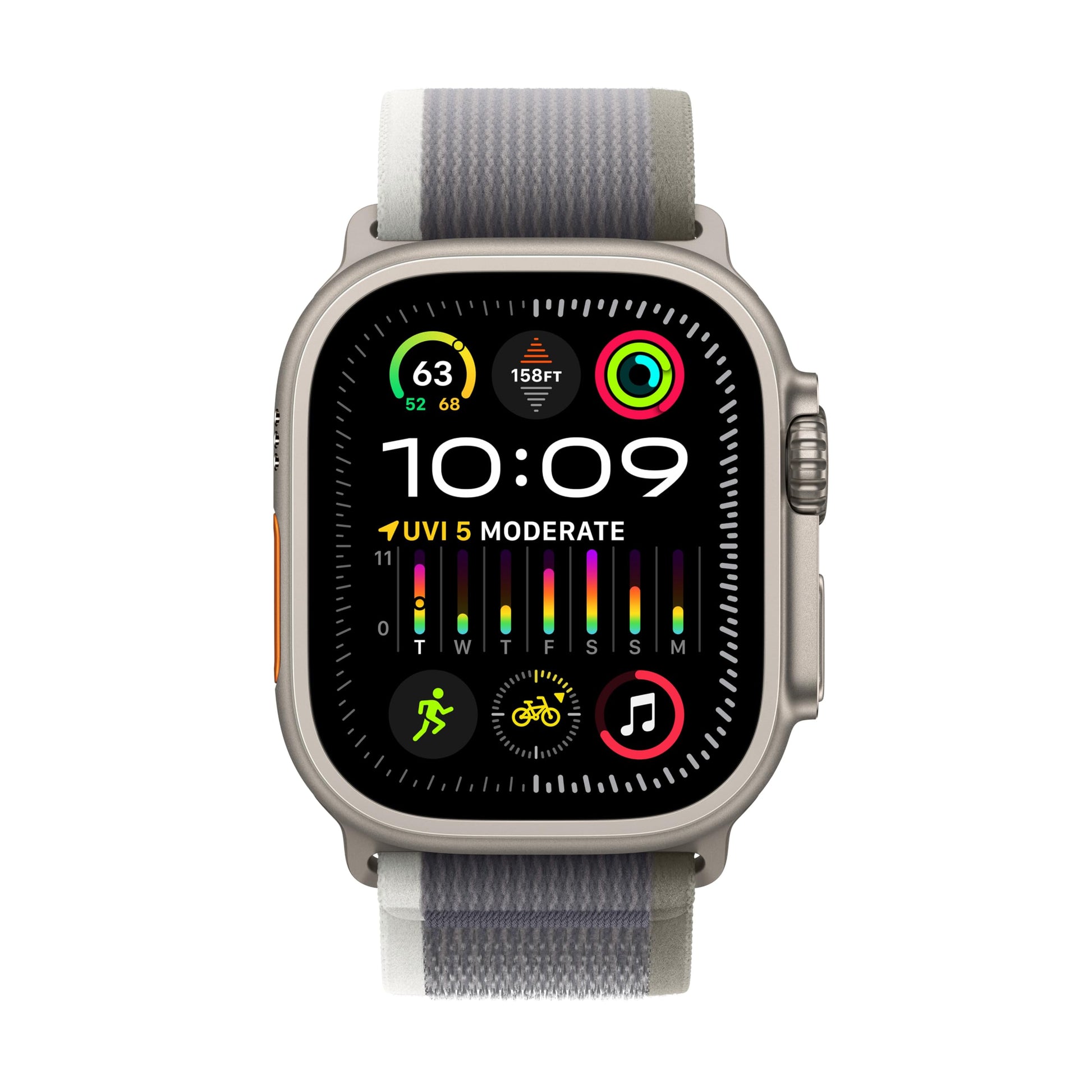 Apple Watch Ultra 2 (GPS + Cellular) 49mm Titanium Case with Green/Gray Trail Loop S/M - MRF33LL/A