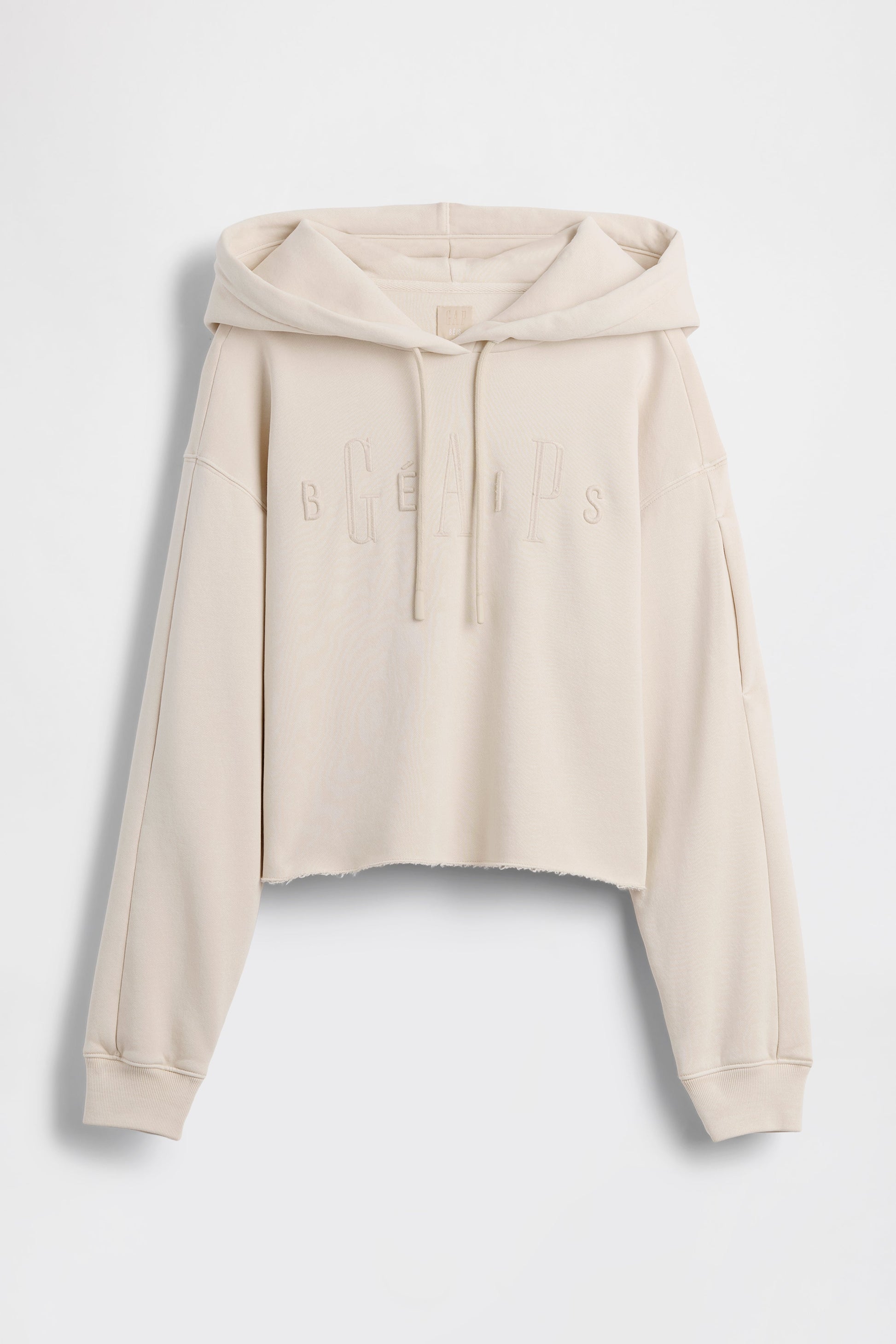 GAP X BEIS Cropped Logo Hoodie Raw Hem in Light Tundra