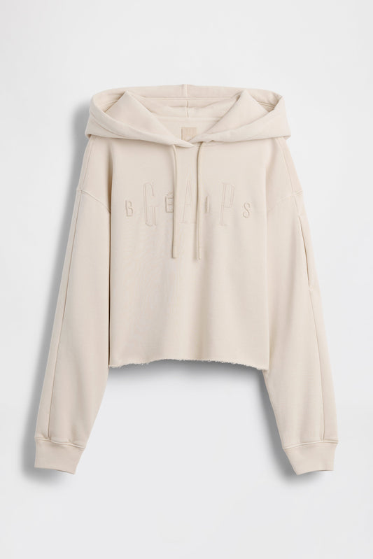 GAP X BEIS Cropped Logo Hoodie Raw Hem in Light Tundra