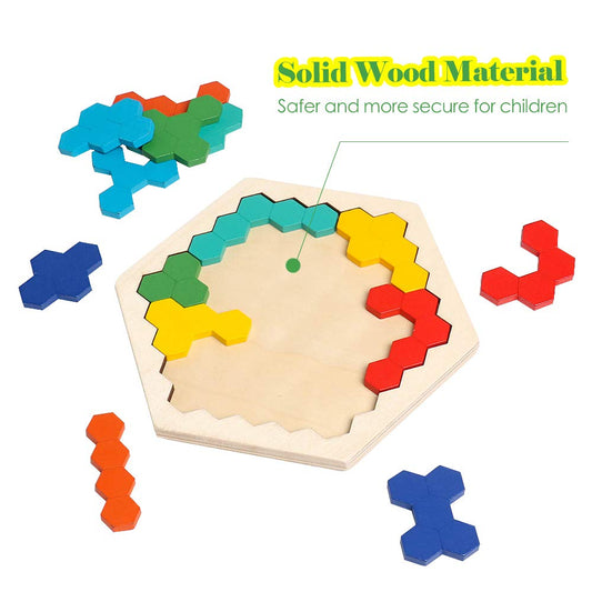 Wooden Hexagon Puzzle for Kid Adult Brain Teaser Puzzles Challenge Toy Shape Pattern Blocks Tangram Geometry Logic IQ Games STEM Montessori Educational Gift MEACAOFG