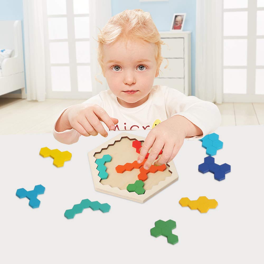 Wooden Hexagon Puzzle for Kid Adult Brain Teaser Puzzles Challenge Toy Shape Pattern Blocks Tangram Geometry Logic IQ Games STEM Montessori Educational Gift MEACAOFG