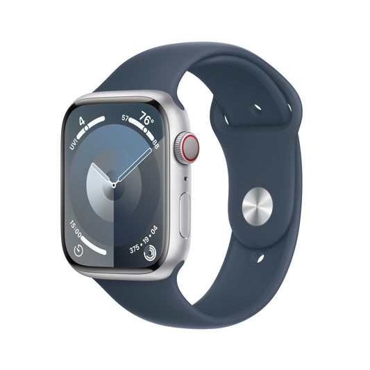 Apple Watch Series 9 (GPS + Cellular) 45mm Aluminum Case with Storm Blue Sport Band - M/L - Silver - MRMH3LL/A